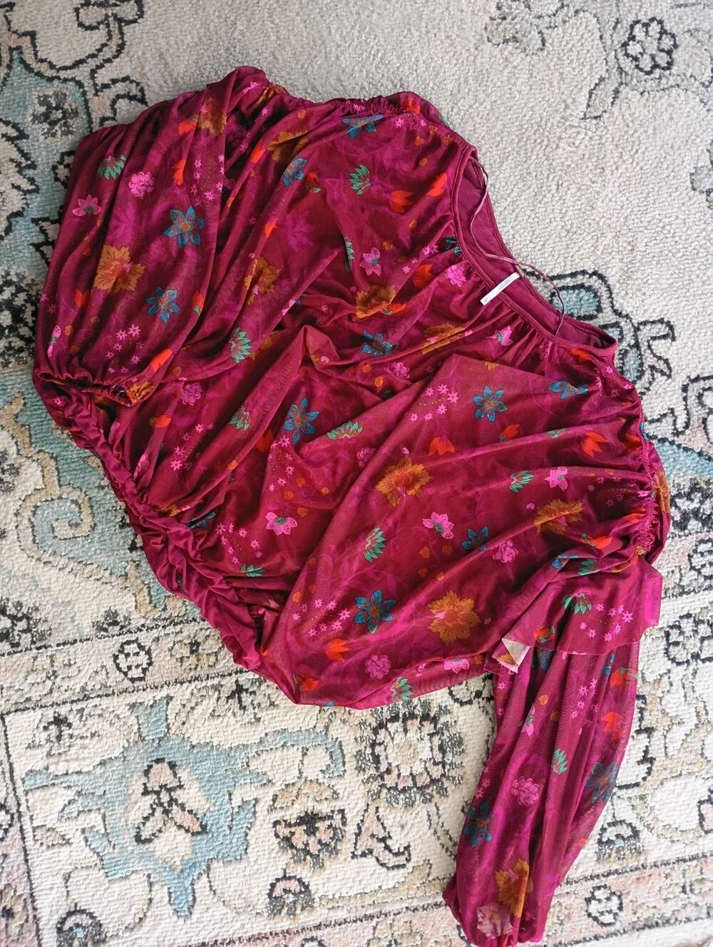Free People Raspberry-Pink Floral Mesh Top - Picture 1 of 6
